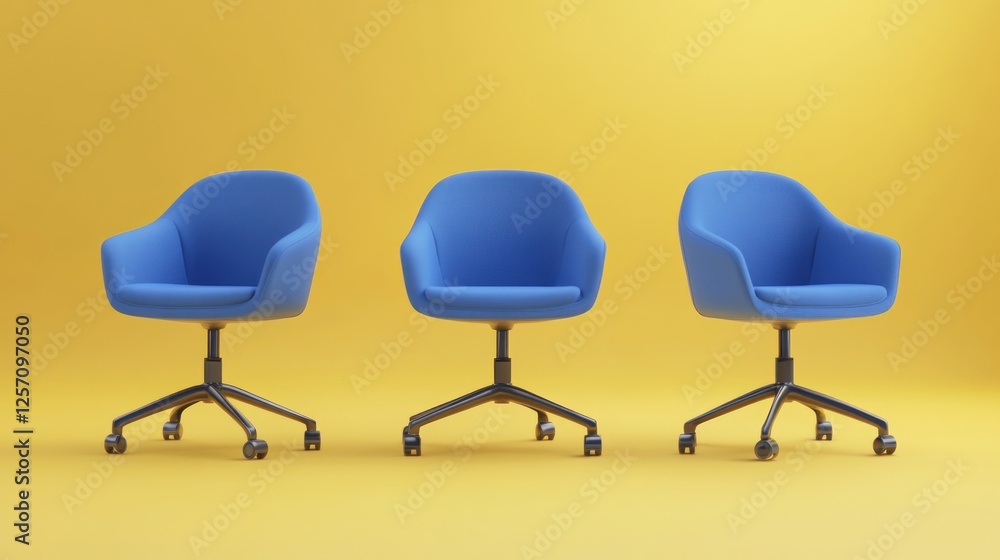 Obraz premium Three blue office chairs, yellow background, teamwork concept, website banner (1)