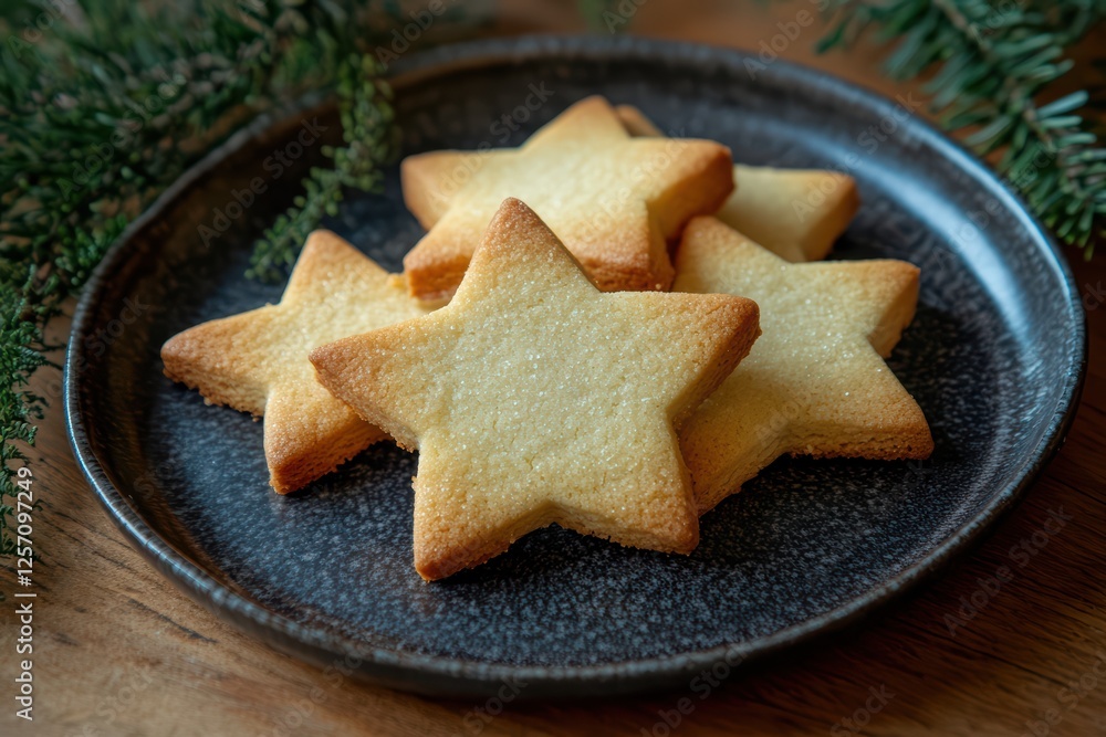 Star-shaped Cookies on Dark Plate Surrounded by Greenery