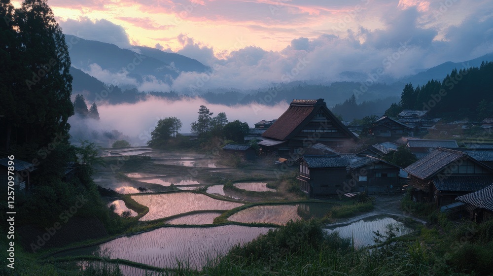 Naklejka premium A morning sunrise over misty rice fields in a remote Japanese village.