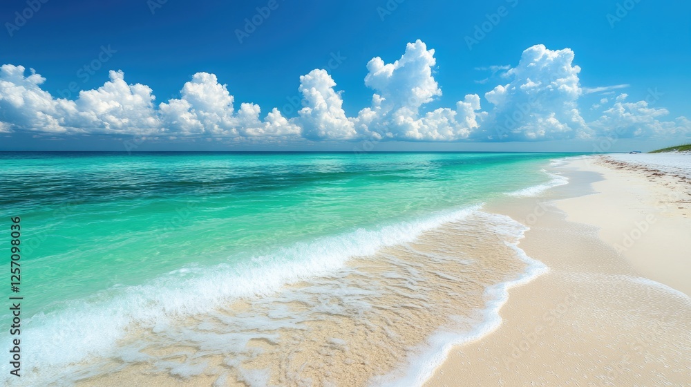 A narrow stretch of white sandy beachside with turquoise water lapping at the shore.