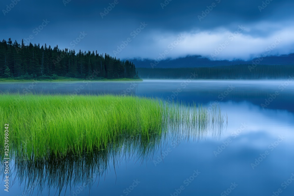 Fototapeta premium Serene Lake Landscape with Lush Green Grass and Dark Cloudy Sky
