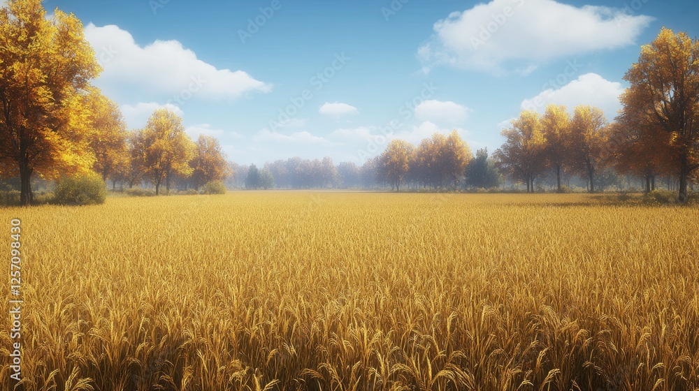 Obraz premium A panoramic view of golden rice fields ready for harvest in autumn.