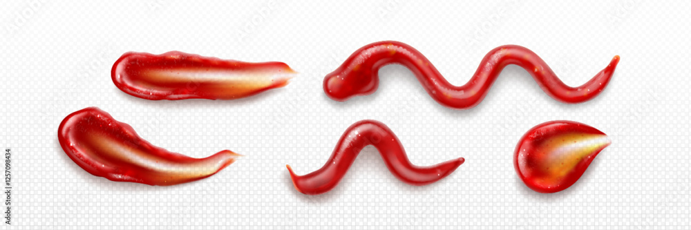 Ketchup splash collection - glossy red sauce drops and waves on transparent background. Realistic tomato condiment streams of different shapes and curves. Appetizing fluid elements for food design. Ketchup splash collection - glossy red sauce drops and waves on transparent background. Realistic tomato condiment streams of different shapes and curves. Appetizing fluid elements for food design.