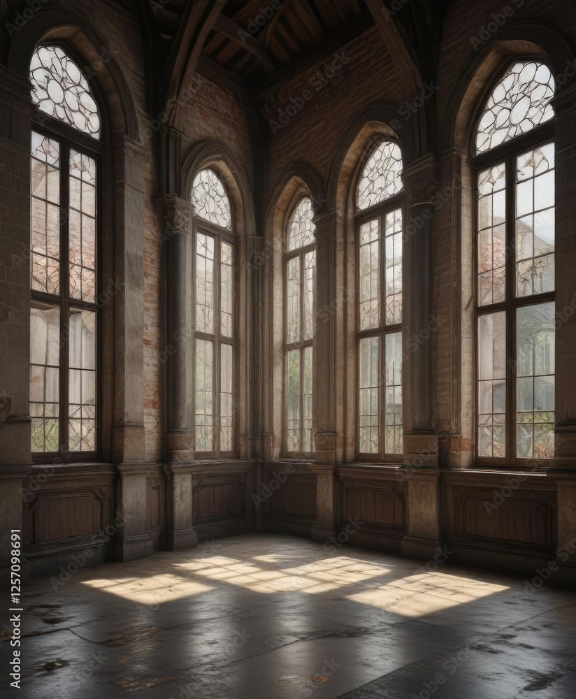 Old church with numerous windows and shutters, gothic architecture, ornate carvings Old church with numerous windows and shutters, gothic architecture, ornate carvings