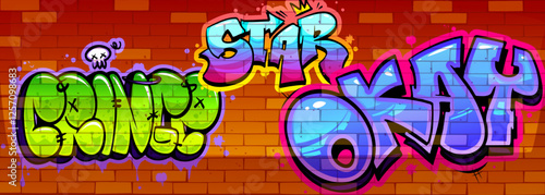 Cartoon graffiti wordart on brick wall background - neon colored letters with stains and drips. Urban street art with bubble text style. Vibrant spray paint typography in hip-hop culture aesthetic.