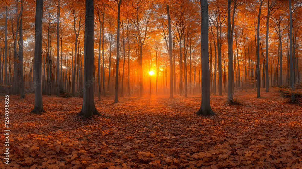 Fototapeta premium Photo Autumn Forest Sunrise Landscape Trees Leaves Orange Fall Nature