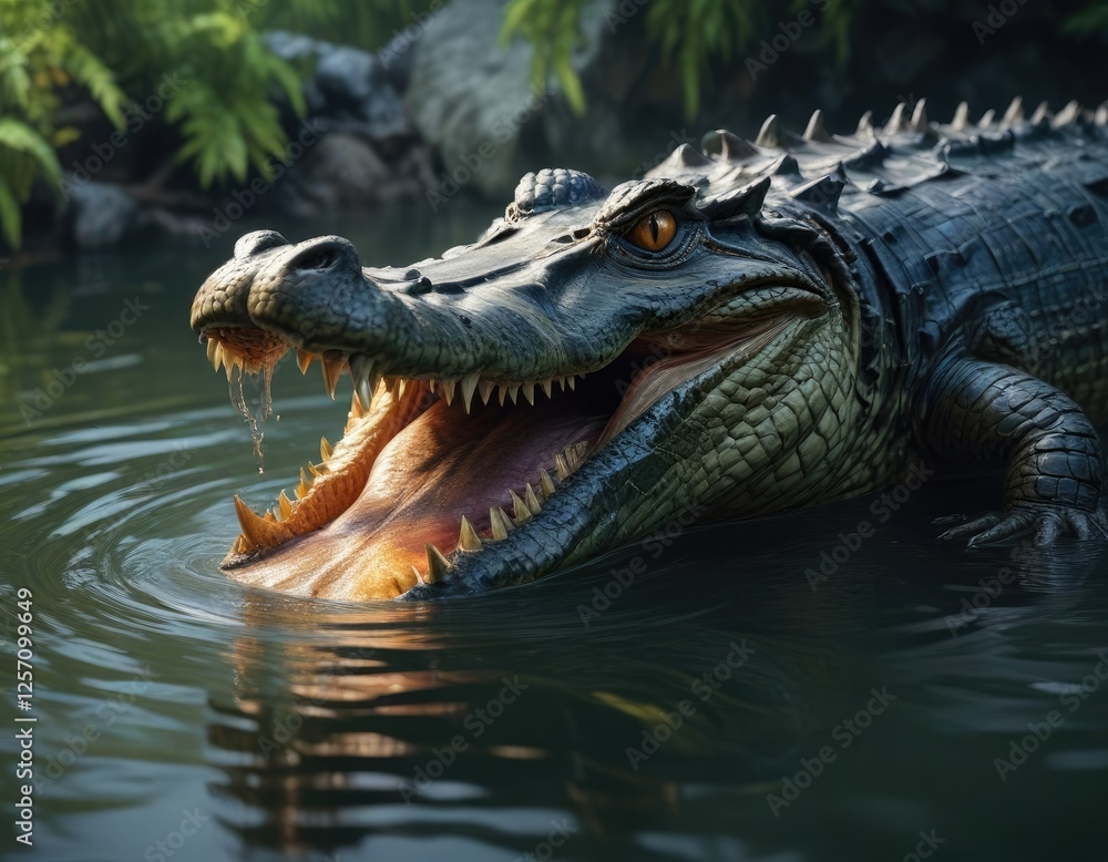 Obraz premium Large alligator with strong jaws gripping a fish in the water, habitat, fish, predator