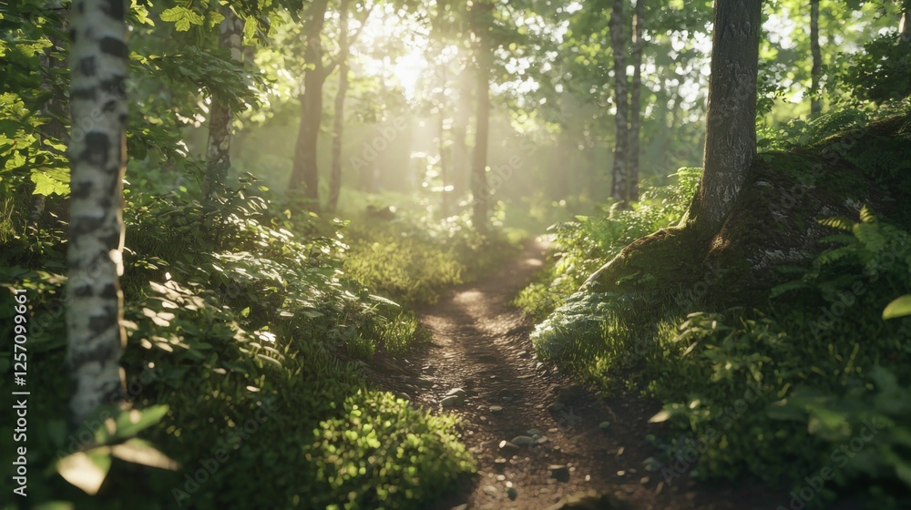 Obraz premium Serene Sunlight Filtering Through Lush Green Forest Canopy Along a Tranquil Pathway Surrounded by Rich Vegetation and Nature's Beauty