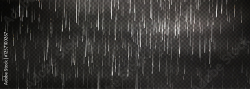 White rainy effect overlay on transparent background. Vertical illuminated drops pattern in dark atmosphere for wet weather scene creation. Realistic 3d falling streaks in night environment.
