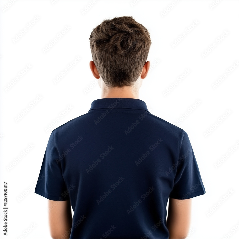 Back view of a teenage boy wearing a dark blue polo shirt, isolated on white background Back view of a teenage boy wearing a dark blue polo shirt, isolated on white background