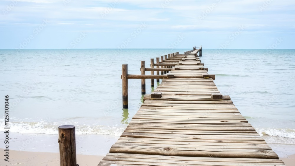 Fototapeta premium Long wooden groynes stretching into the North Sea at low tide, ocean waves, tidal pool