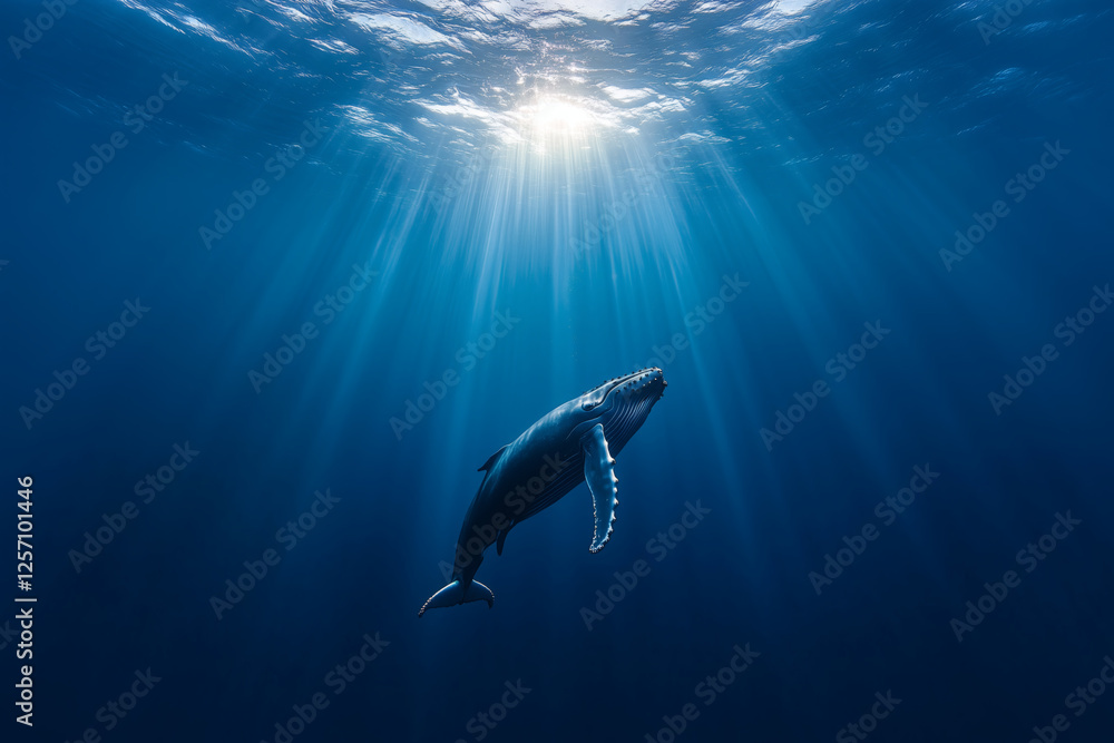 Fototapeta premium Whale in the deep ocean swimming with sun rays