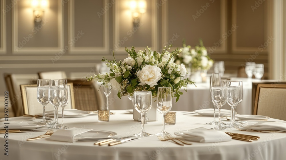 Elegant wedding reception table setting, flowers, ballroom Elegant wedding reception table setting, flowers, ballroom