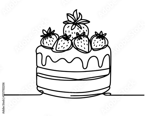 Continuous one line drawing of cake with strawberries. Hand drawn piece of cake minimalist design, café, bakery, confectionery concept. Vector