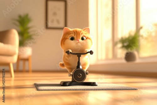 A cute cat exercising on a mini bike indoors, full of charm. photo