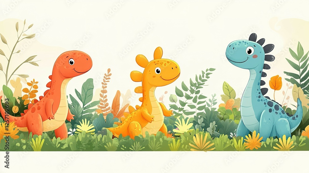 Fototapeta premium Three Adorable Cartoon Dinosaurs In Lush Greenery