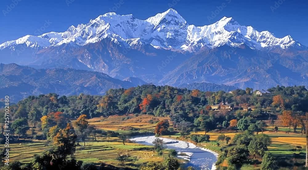 The grandeur of a snow covered mountain range with a winding river cutting through the valley The grandeur of a snow covered mountain range with a winding river cutting through the valley