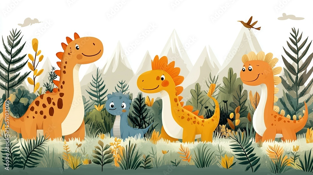 Fototapeta premium Adorable Dinosaur Family Playing in Mountainous Landscape