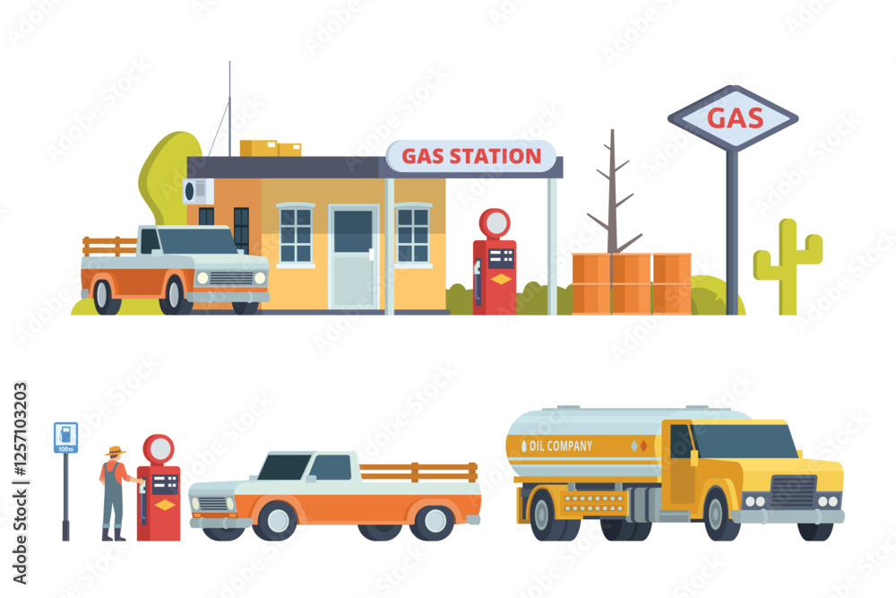 Modern Gas Station Building with Shop Vector Illustration, complete with set of support elements. Modern Gas Station Building with Shop Vector Illustration, complete with set of support elements.