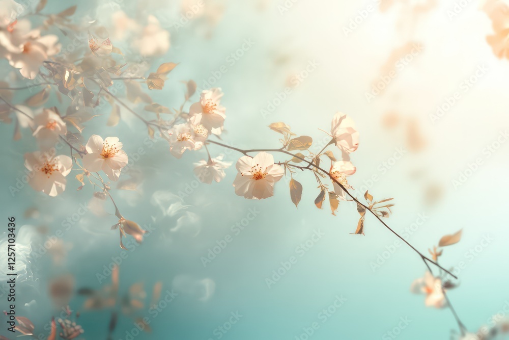 Fototapeta premium A soft-focus branch of blooming sakura flowers stretching horizontally across a sunlit spring sky.