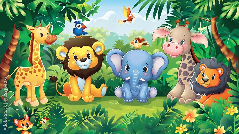 Colorful 2D Illustration of Jungle Animals Colorful 2D Illustration of Jungle Animals