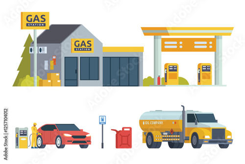 Modern Gas Station Building with Shop Vector Illustration, complete with set of support elements.