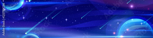 Universe background of deep space - meteors streaking across starry dark blue sky with glowing planets and celestial bodies. Cosmic panoramic scene with bright comets for astronomical design.