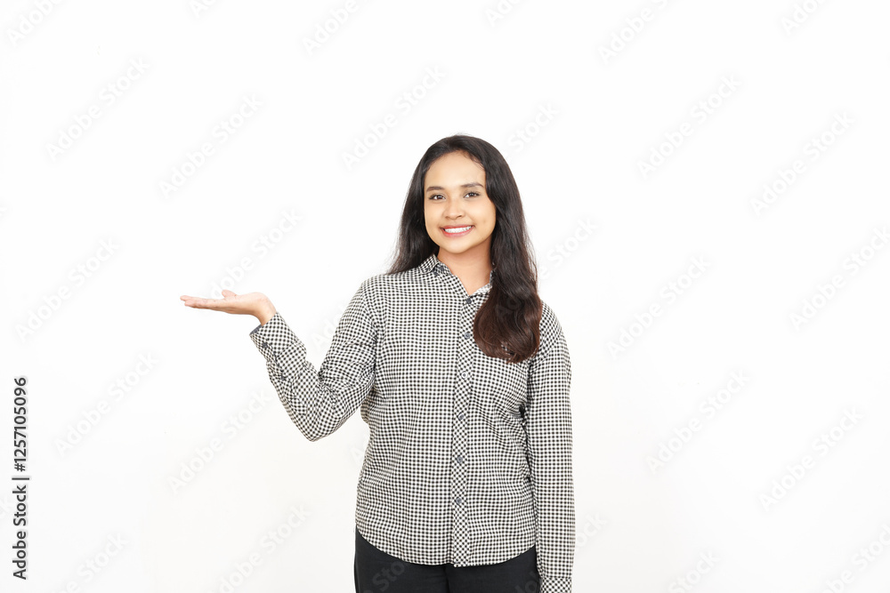 Showing and holding product on open palm Of Beautiful Asian Woman Isolated On White Background Showing and holding product on open palm Of Beautiful Asian Woman Isolated On White Background