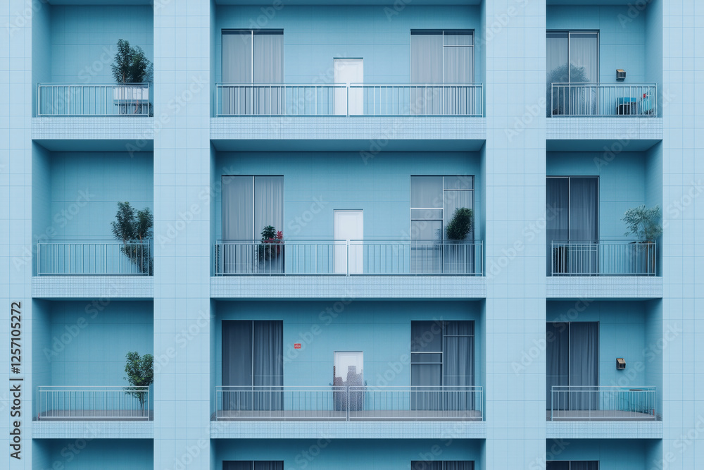 Blue Apartment Facade with Balconies Blue Apartment Facade with Balconies