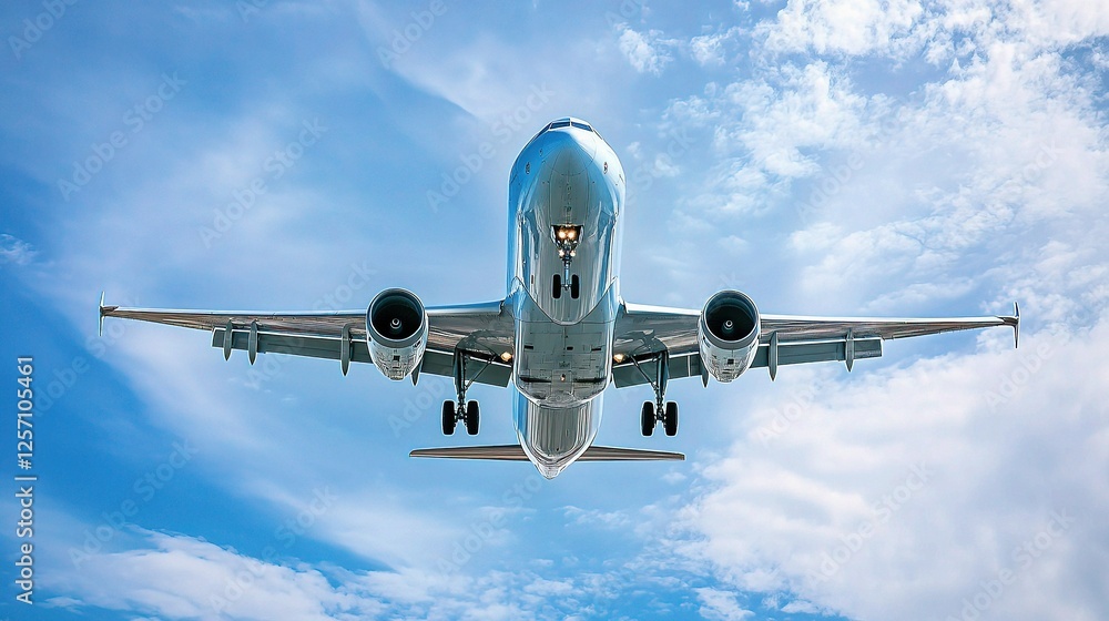 Obraz premium White Jetliner Soaring Through Blue Sky with Fluffy Clouds