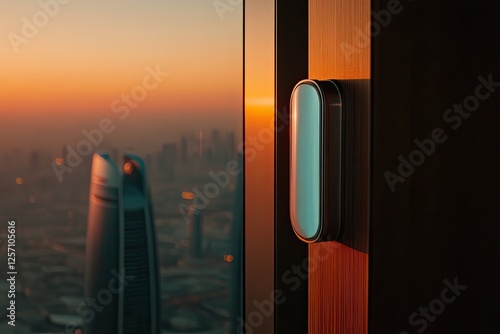Modern minimalist design element on a wooden wall, overlooking a city skyline at sunset.  A sleek, rectangular light fixture adds a touch of elegance.