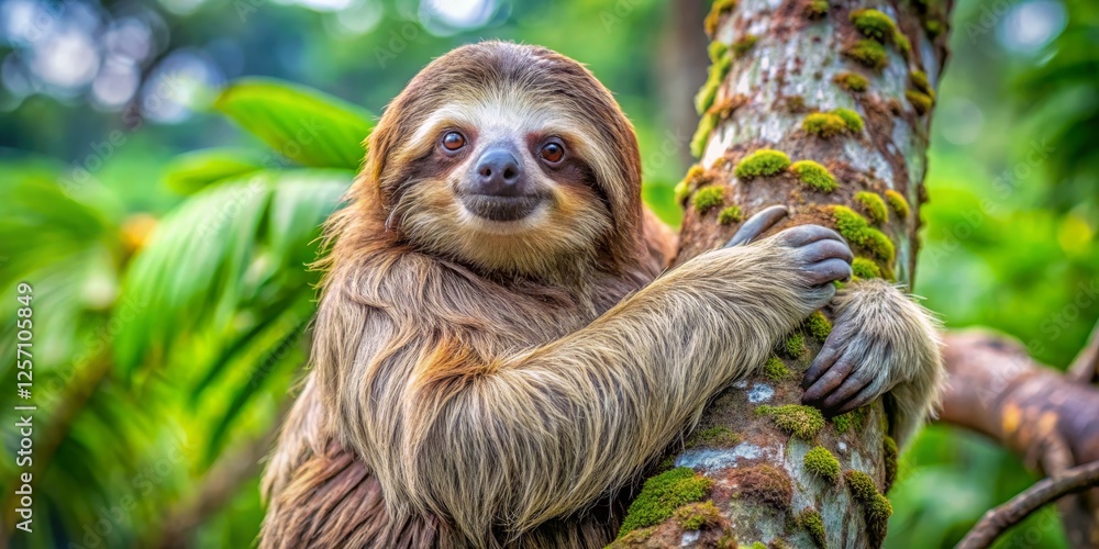 Obraz premium Cute Sloth Hanging on Tree in Lush Tropical Environment