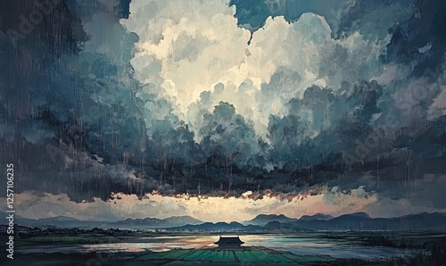 Dramatic Asian landscape painting; dark clouds over tranquil rice paddy fields and a small traditional house.