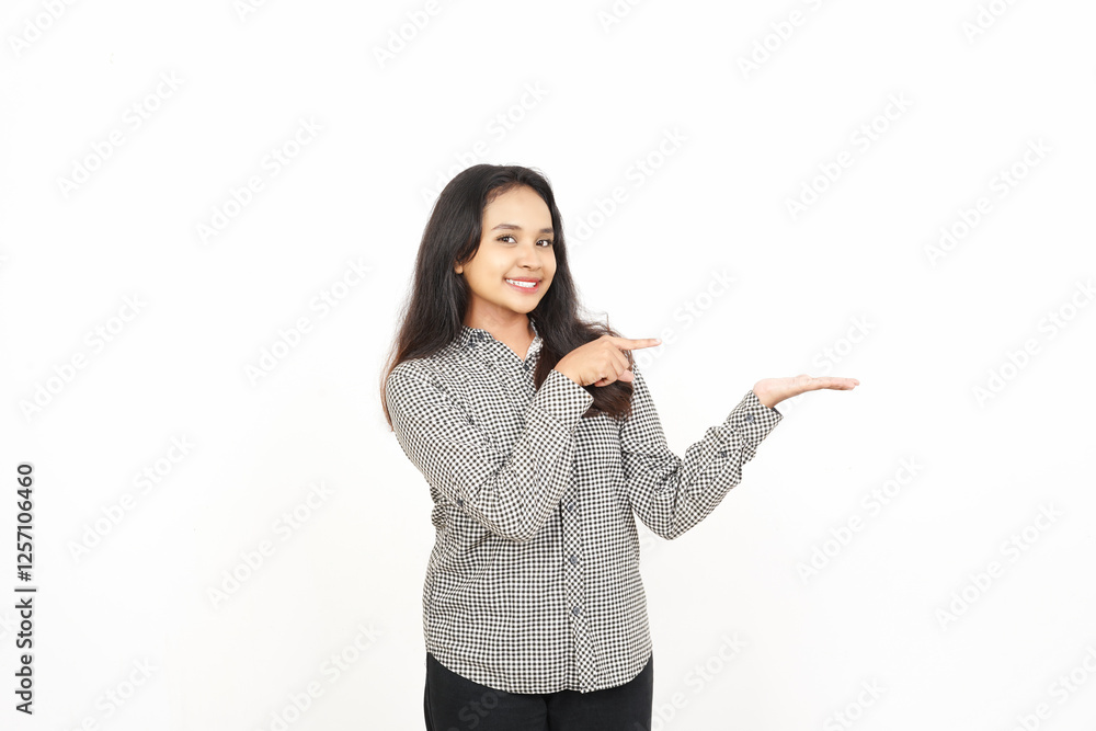 Showing and holding product on open palm Of Beautiful Asian Woman Isolated On White Background Showing and holding product on open palm Of Beautiful Asian Woman Isolated On White Background