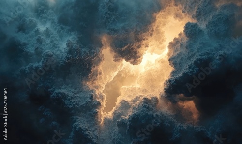Dramatic cloudscape, glowing light breaking through dark stormy clouds;  heavenly, ethereal, textured, moody atmosphere.