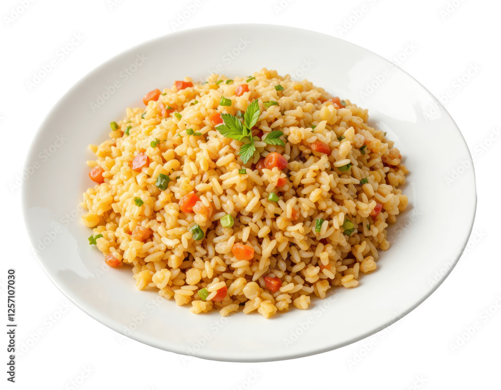 Nasi goreng or fried rice, served on a ceramic plate. Fried rice mixed with carrots and other vegetables. Indonesian food. Isolated on transparent or white background Nasi goreng or fried rice, served on a ceramic plate. Fried rice mixed with carrots and other vegetables. Indonesian food. Isolated on transparent or white background