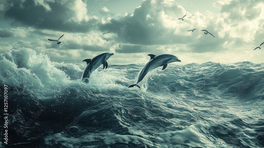 Naklejka premium Dolphins leaping ocean waves stormy sky wildlife