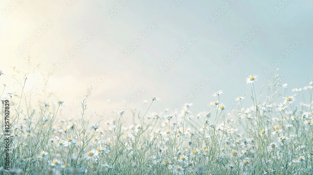 Fototapeta premium Lush Sky Background with Delicate Sprigs of Chamomile and Grass