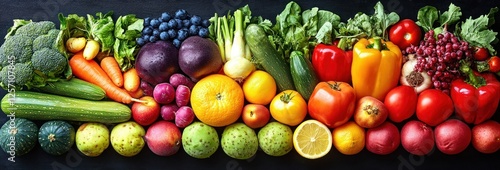Colorful Assorted Organic Fruits and Vegetables in Rainbow Arrangement