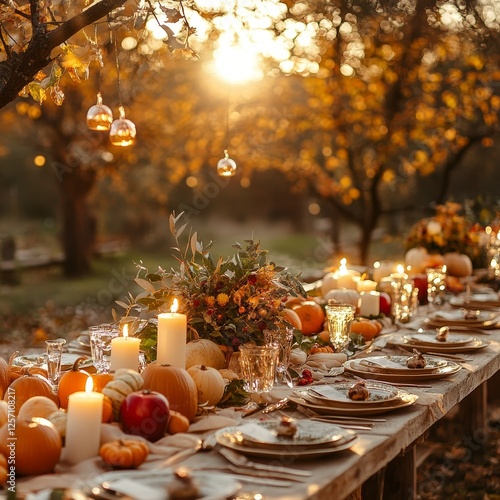 Autumnal outdoor table setting, orchard sunset