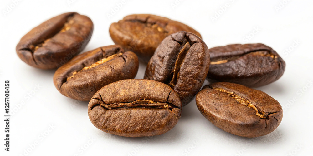Obraz premium Coffee beans, macro photography, high detail, warm tones, textured surface, roasted, aromatic, organic, whole beans, shallow depth of field, studio lighting, food photography, gourmet, rich brown