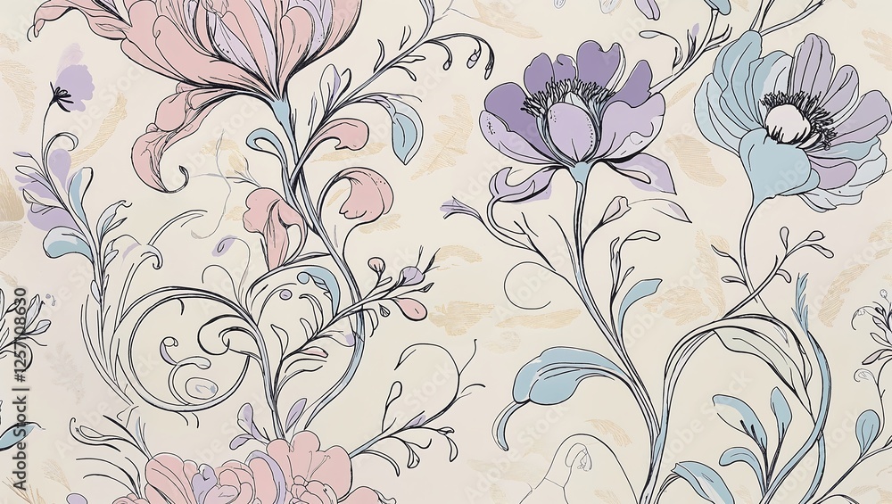 Whimsical French Toile-Inspired Floral Pattern with Delicate Line Art Whimsical French Toile-Inspired Floral Pattern with Delicate Line Art