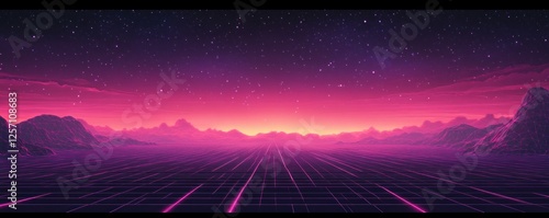 Retro Futuristic Vaporwave Landscape with Neon Lights and Stars in Purple Sky