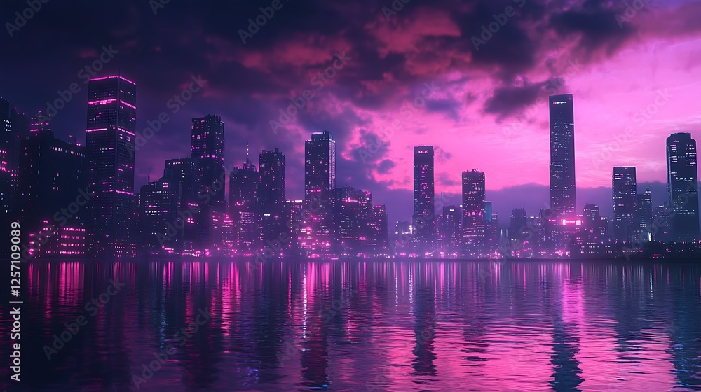 Fototapeta premium Futuristic city skyline at sunset, reflecting in calm water, pink and purple neon lights.