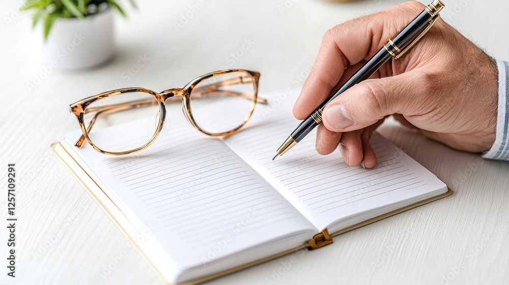 Person writing in notebook, glasses on table, office setting Person writing in notebook, glasses on table, office setting