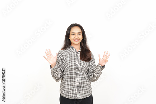 Smiling and showing counting finger, Nine Finger Of Beautiful Asian Woman Isolated On White Background photo