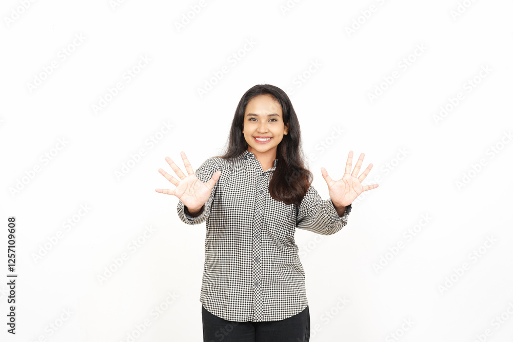 Obraz premium Smiling and showing counting finger, Ten Finger Of Beautiful Asian Woman Isolated On White Background