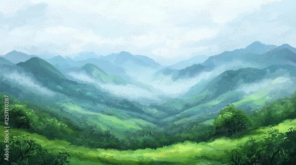 Serene Landscape of Misty Mountains and Lush Green Valleys Under a Soft Sky Serene Landscape of Misty Mountains and Lush Green Valleys Under a Soft Sky