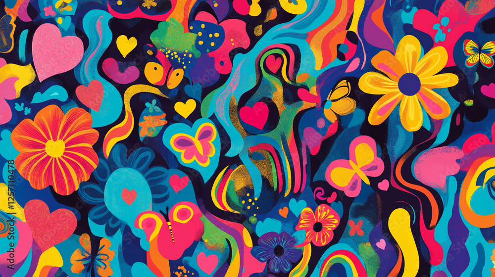 Groovy Colorful Pattern with Hearts, Flowers, and Butterflies – Vibrant Rainbow-Inspired Design Featuring Wavy Lines, Retro Aesthetic, and Playful Elements for Creative Projects and Backgrounds Groovy Colorful Pattern with Hearts, Flowers, and Butterflies – Vibrant Rainbow-Inspired Design Featuring Wavy Lines, Retro Aesthetic, and Playful Elements for Creative Projects and Backgrounds