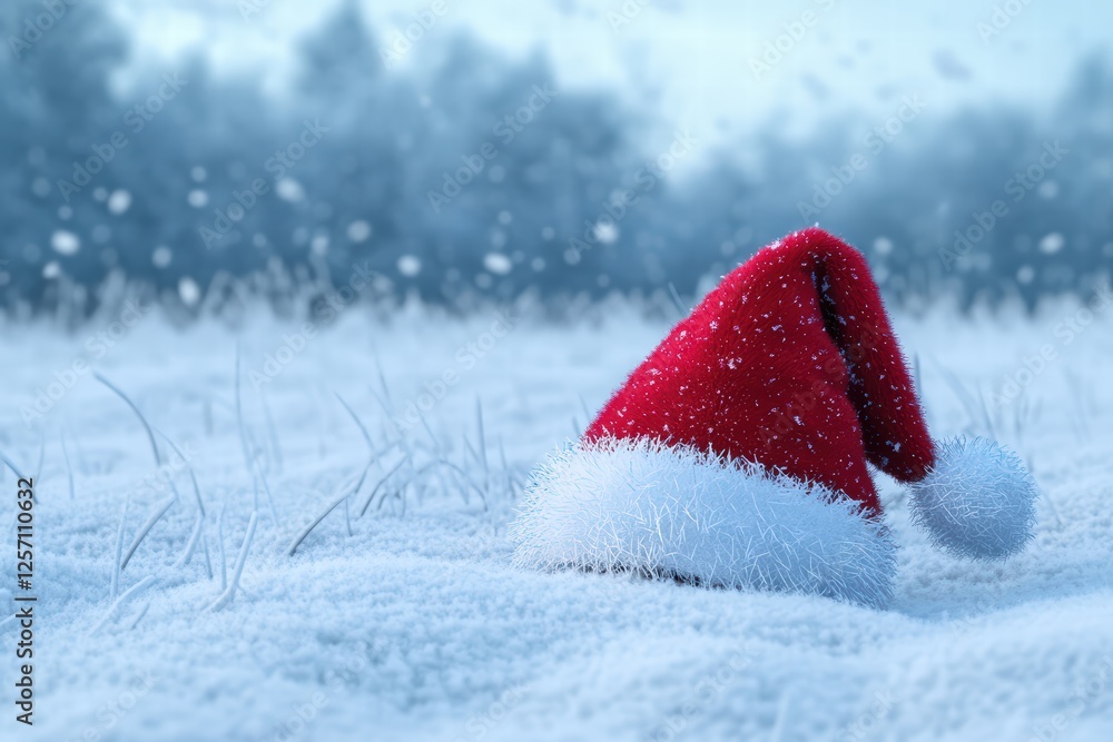 Red Christmas Hat on a Snowy Field with Soft Falling Snowflakes Red Christmas Hat on a Snowy Field with Soft Falling Snowflakes